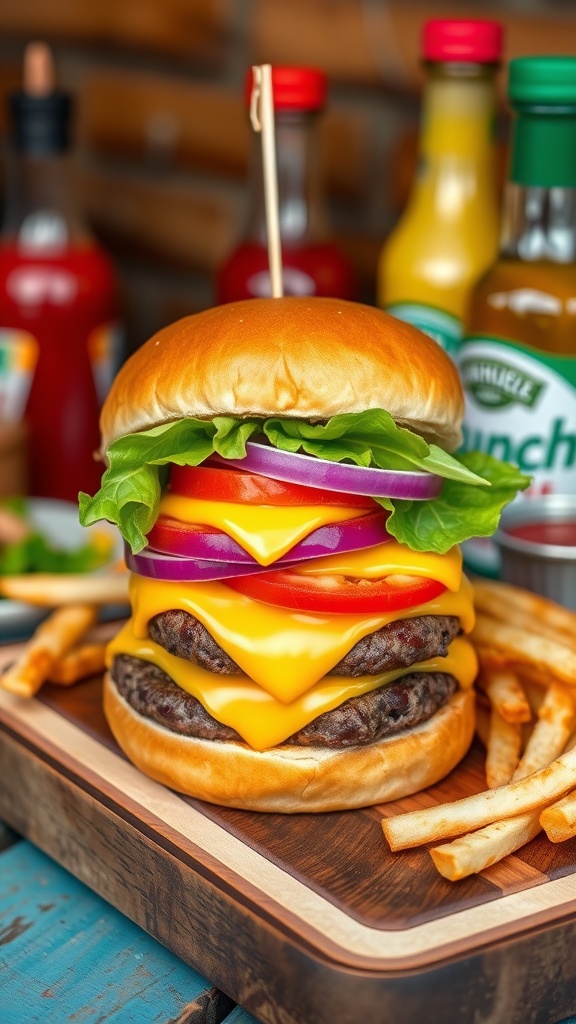 A gourmet cheeseburger with beef patty, melted cheese, lettuce, tomato, and onion on a toasted bun, served with fries.